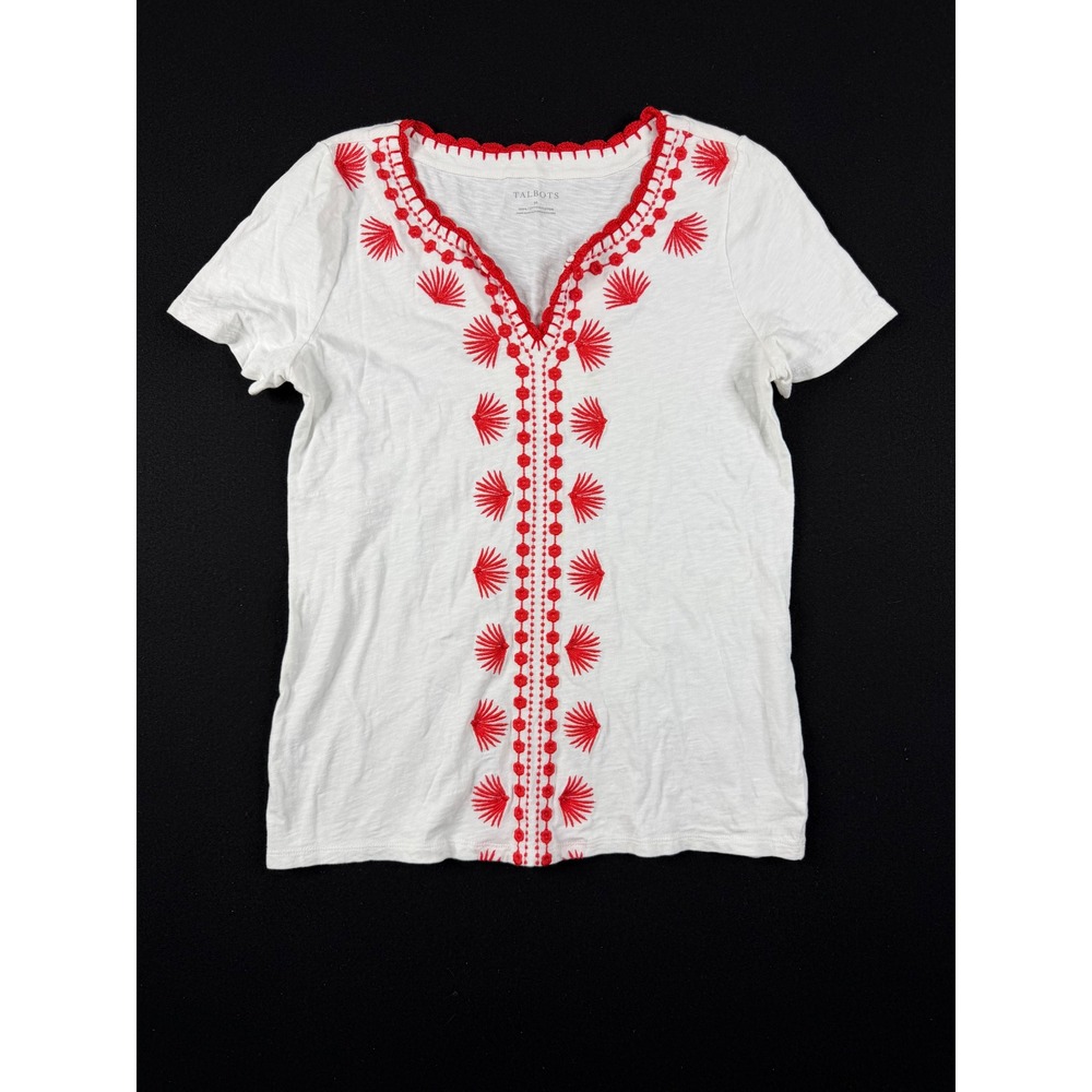 Talbots Womens White Red Embroidered Split Neck Cotton T-Shirt Size M